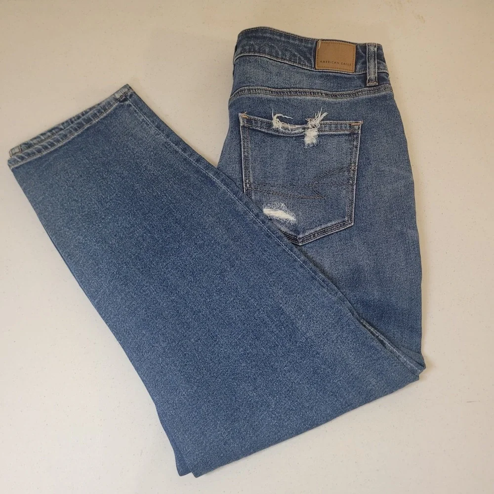 American Eagle 14 Mom Jeans Womens Blue Distressed High Rise Stretch Denim
